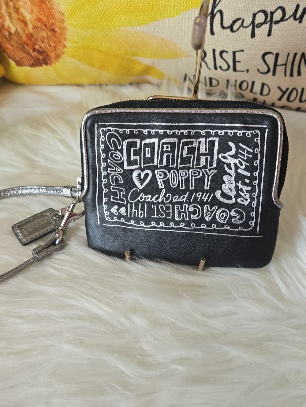 Coach POPPY Lettered Leather Wristlet in Black  And Silver Color